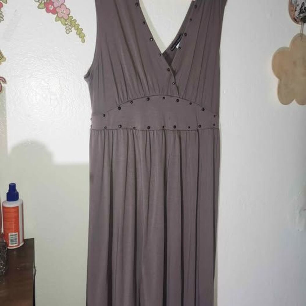 Stretchy Crisscross Front Taupe Color Studded Fit n Flare Dress XXL
